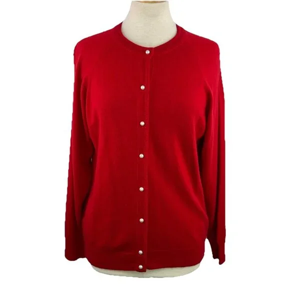 Vtg Designers Originals Sz L Red Cardigan Pearl Look Buttons Luxelon USA Made - Picture 1 of 7